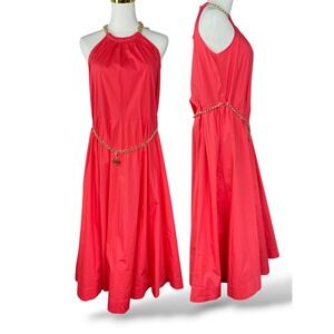 Michael Kors Coral Pink Chain Halter Midi Dress with MK Logo Belt Small NEW